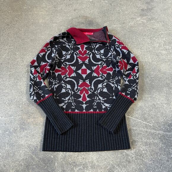 Krimson Klover Turtleneck Sweater Womens XS Black Red Wool Geometric Diamond - Picture 1 of 8